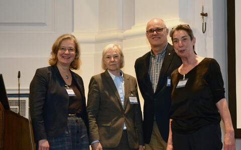 Margaret Buckingham (second from left) gave the opening lecture, while Michael Rudnicki (third from left) delivered the keynote lecture at the MDC’s 2018 muscle conference. Simone Spuler (far left) and Carmen Birchmeier (far right) organized the event.