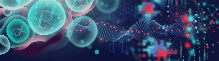 Abstract visualization of DNA, cells, and neural networks representing biotech and data integration