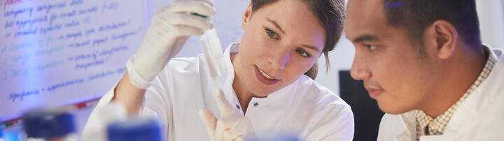 two scientists working at a bench