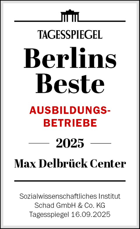 Berlins beste Ausbildungsbetriebe 2025: Max Delbr&uuml;ck Center; Sozialwissenschaftliches Institut Schad GmbH & Co. KG, Tagesspiegel 16.09.2025