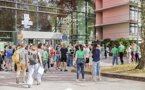 People in front of a building