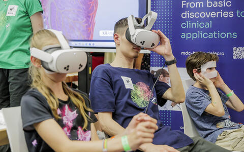 people looking through VR goggles
