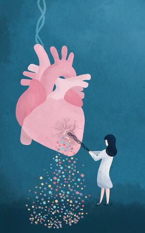 Illustration: Krankes Piñata Herz wird mit DNA-Schläger getroffen