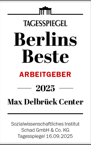 Berlins beste Arbeitgeber 2025: Max Delbr&uuml;ck Center; Sozialwissenschaftliches Institut Schad GmbH & Co. KG, Tagesspiegel 16.09.2025