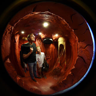 Mann und Kind stehen in einem gro&szlig;en Herzen