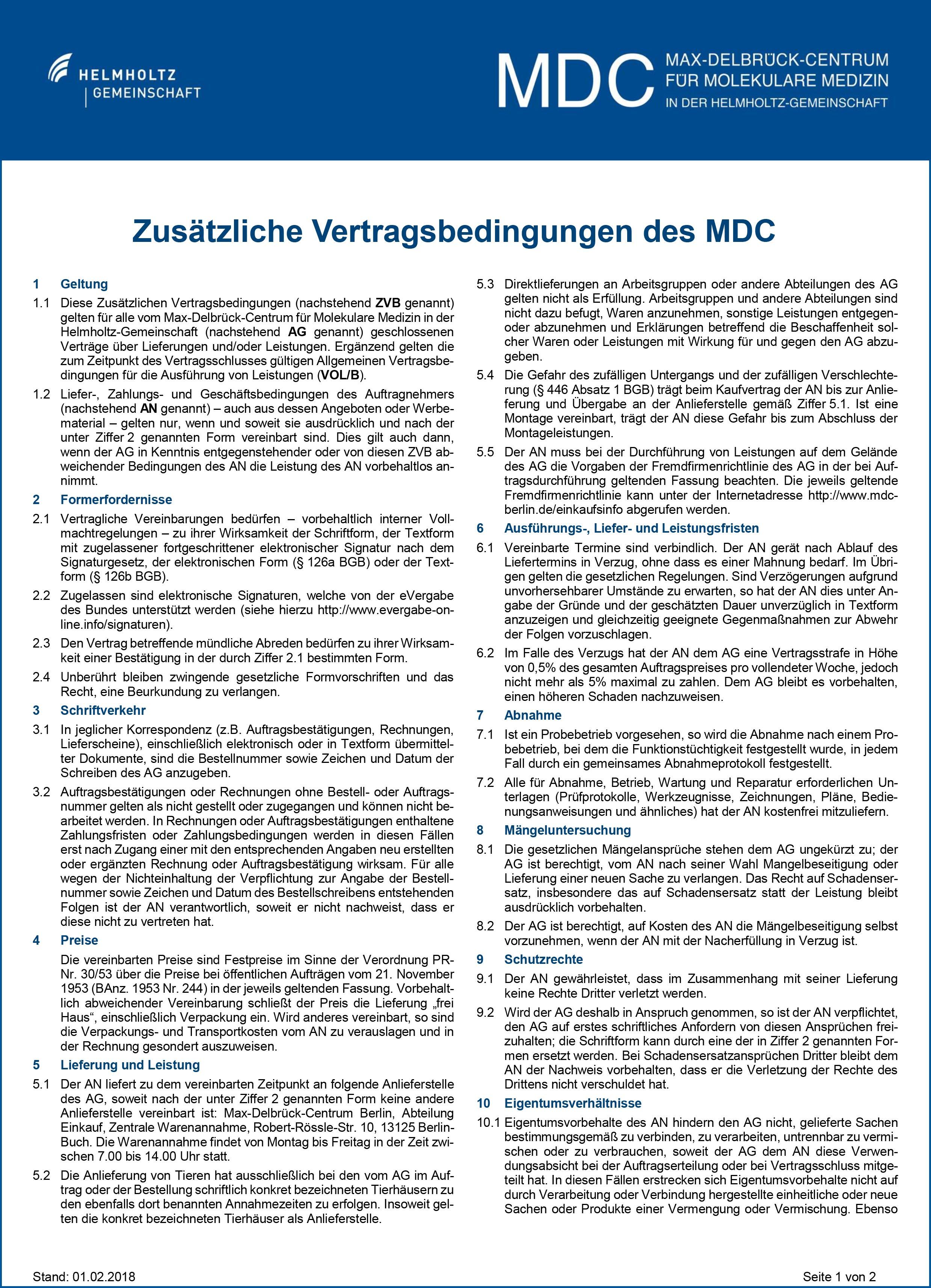 Zusätzliche Vertragsbedingungen des MDC Einkauf