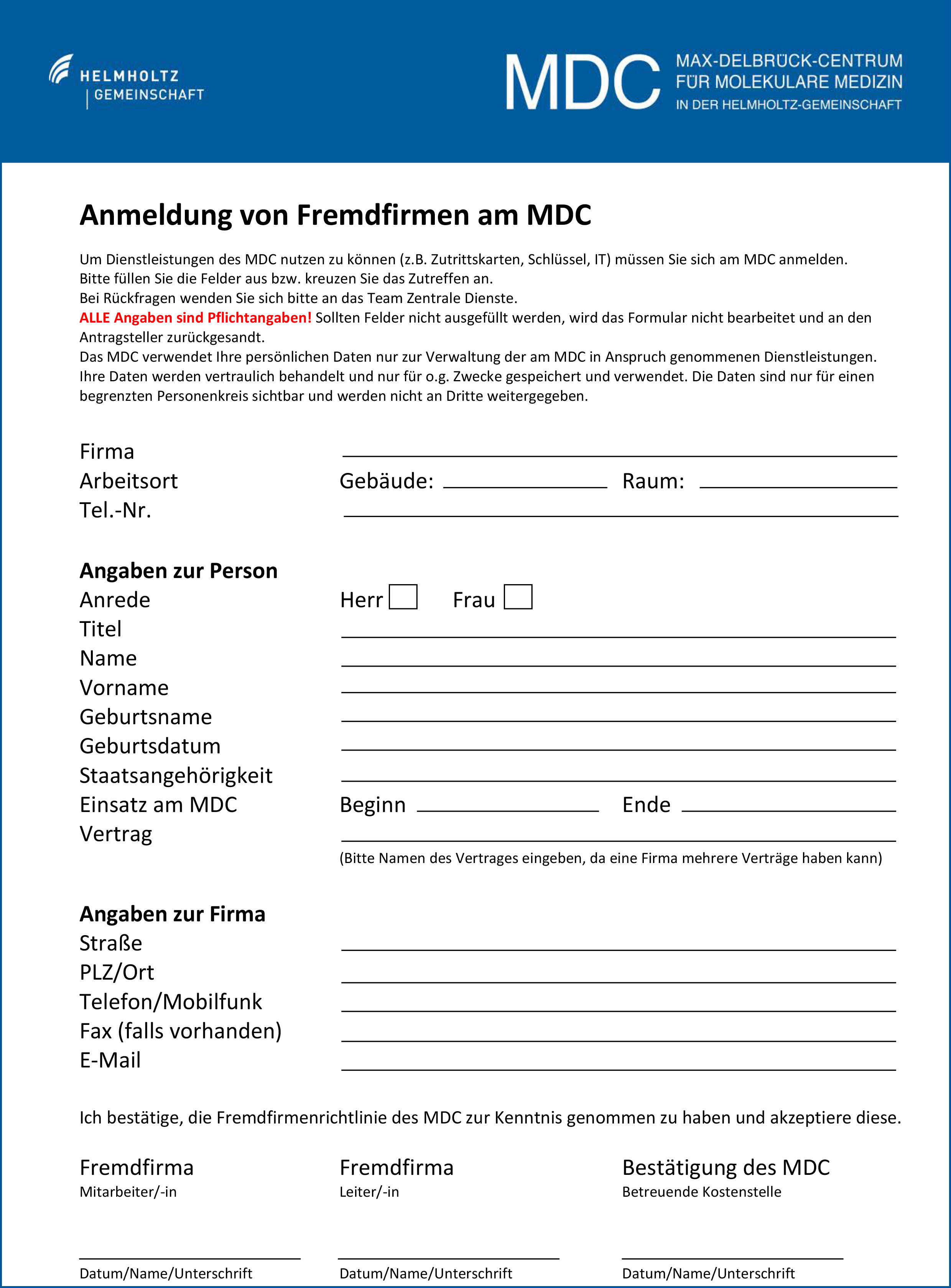 Anmeldung von Fremdfirmen am MDC