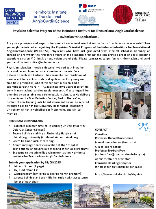 Invitation for Applications: Physician Scientist Program of the Helmholtz-Institute for Translational AngioCardioScience