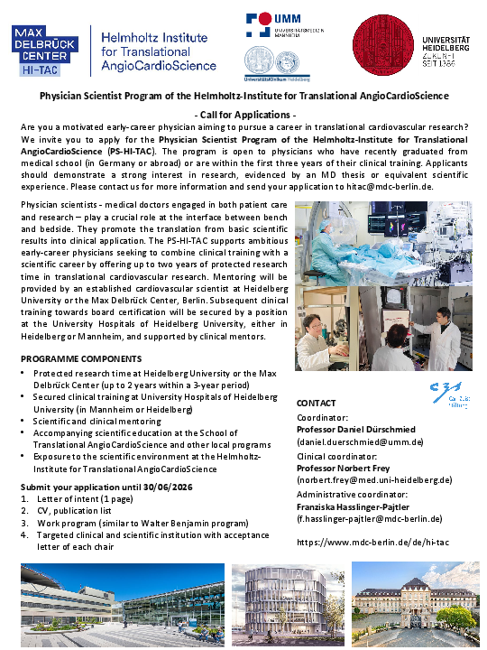 Call for Applications: Physician Scientist Program of HI-TAC