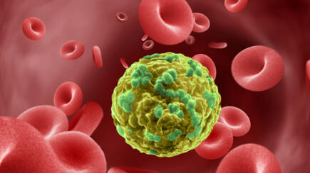 This digital illustration depicts a cancer cell in the blood stream.