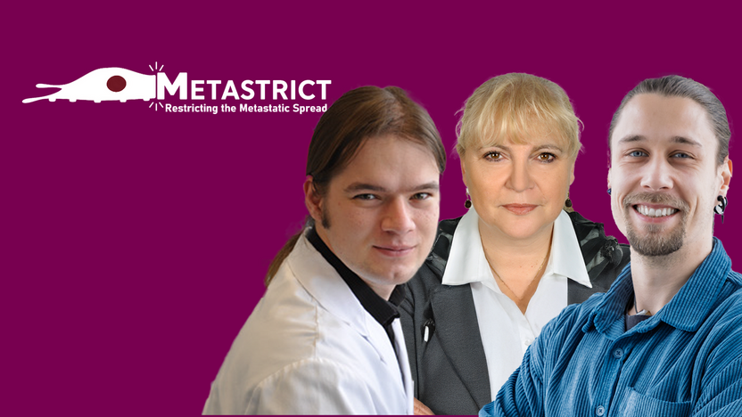 one woman, two men and logo of Metastrict